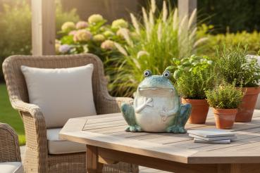 Preview: Frosch sitzend 20x17cm aus glänzendem Steinzeug mit mehrfarbiger Reaktionsglasur